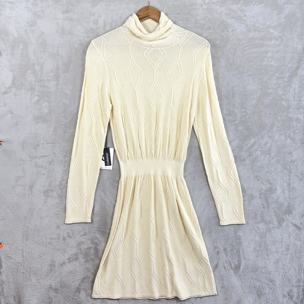 Callahan Turtleneck Sweater Dress Women's Small Cream Diamond Knit Quiet Luxury